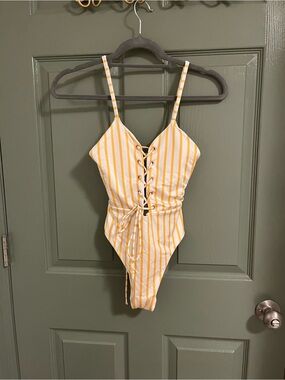 LA Hearts Yellow and White Striped Lace-Up One-Piece Swimsuit